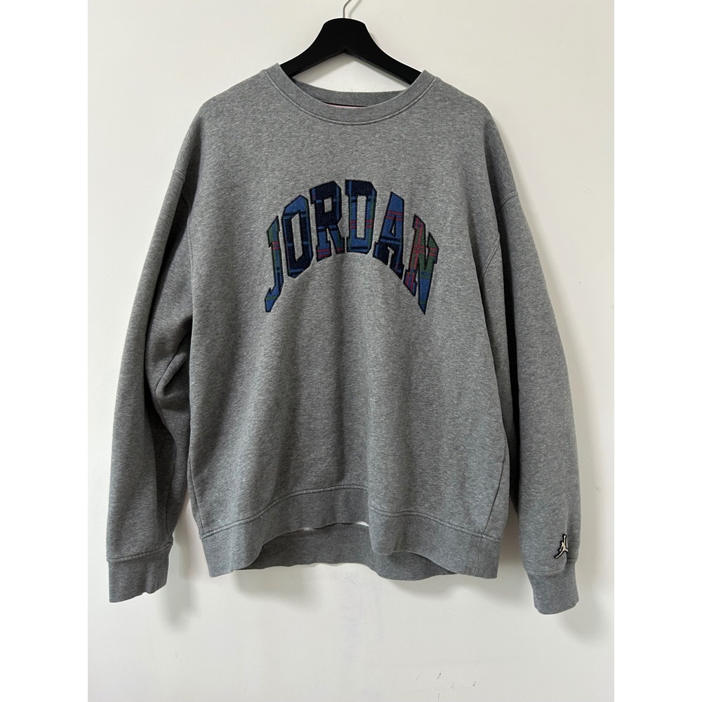 Jordan Plaid Wordmark Sweatshirt Mens XL Gray Streetwear Crewneck Embroidery